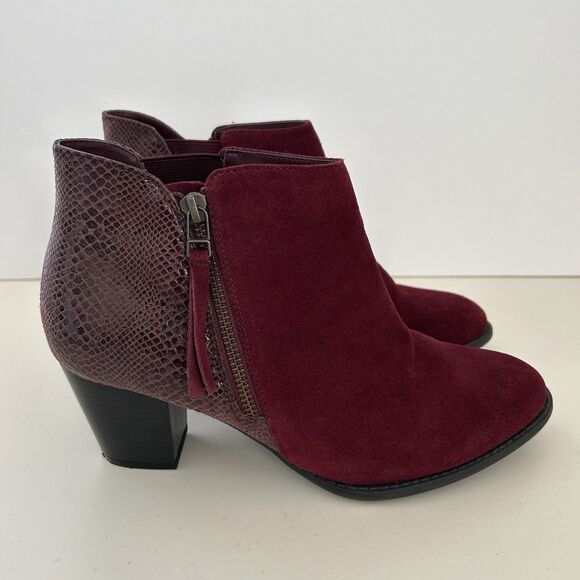 Vionic Anne Boots Burgundy Red Suede Python Block Heel Boots Womens 9.5 Booties - Picture 1 of 10